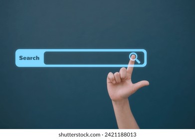 search engine concept, Searching information data on internet networ, kid hand touching magnifying glass icon search and copy space