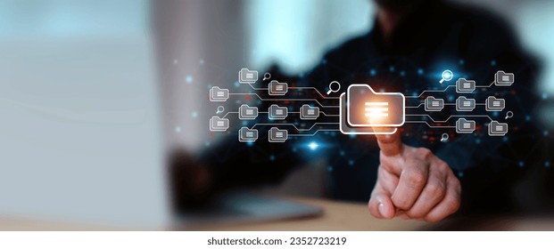 Search engine data document content management system and online file transfer download or sharing and database digital cloud drive storage service on computer network technology analytics concepts