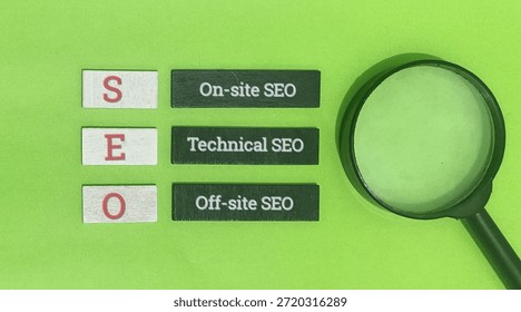 Search engine optimization acronym is spelled out with blocks detailing on-site technical and off-site components next to a magnifying glass symbolizing detailed analysis and research essential for digital marketing success.