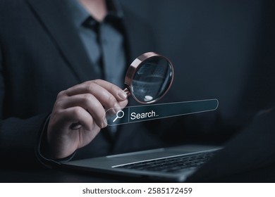 Search Engine Optimization, Businessman using search, SEO focus artificial intelligence technology. Concept of searching for information in technology with AI systems, Search, Engine, Concept