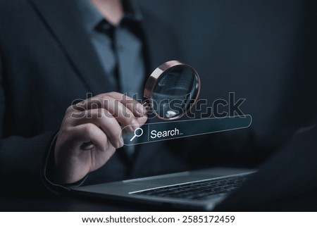 Search Engine Optimization, Businessman using search, SEO focus artificial intelligence technology. Concept of searching for information in technology with AI systems, Search, Engine, Concept