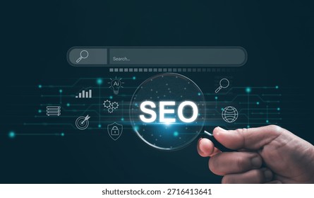 Search engine optimization concept. Magnifying glass highlighting SEO text, digital search bar and data icons. Online marketing, website ranking, AI search technology and business visibility growth.
