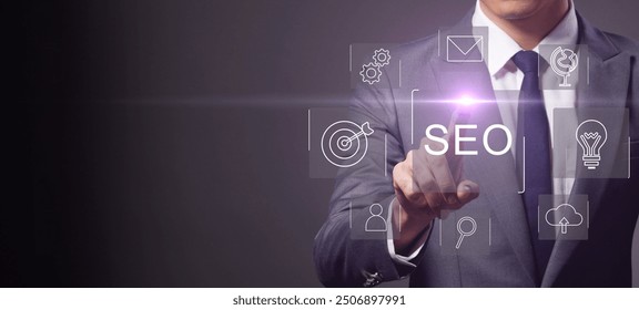 Search Engine Optimization (SEO) concept. Businessman user laptop to search engine tool. Find customers or promote and advertise on online content for technology, marketing