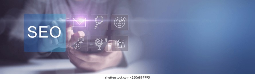 Search Engine Optimization (SEO) concept. Businessman user laptop to search engine tool. Find customers or promote and advertise on online content for technology, marketing