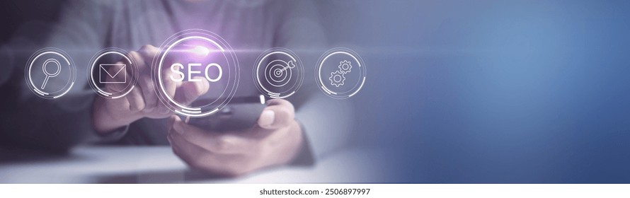 Search Engine Optimization (SEO) concept. Businessman user laptop to search engine tool. Find customers or promote and advertise on online content for technology, marketing