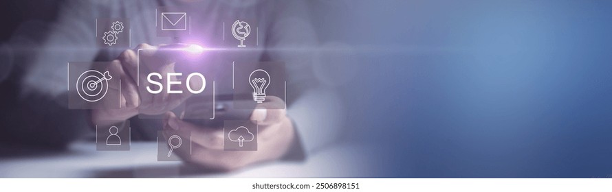 Search Engine Optimization (SEO) concept. Businessman user laptop to search engine tool. Find customers or promote and advertise on online content for technology, marketing