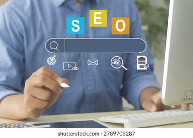  search engine optimization (SEO) concept, searching browsing Internet data, information, keyword research, and digital marketing, analysis, traffic ranking, optimization of website