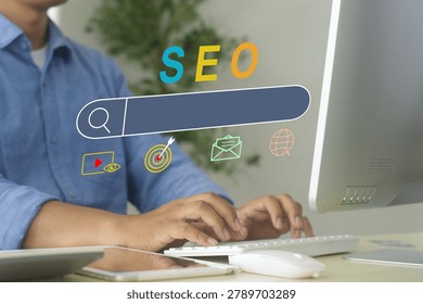  search engine optimization (SEO) concept, searching browsing Internet data, information, keyword research, and digital marketing, analysis, traffic ranking, optimization of website