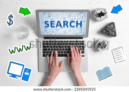 Search engine optimization (SEO). Copywriter working on laptop at wooden table, top view. Plants and virtual icons around her