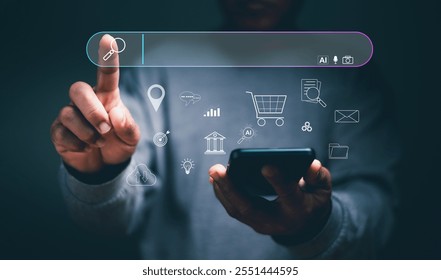 Search Engine Optimization, SEO. Data Search Technology, Man using a smartphone and finger point to find for information on internet network. Finding anything by data, picture, voice and AI tech.