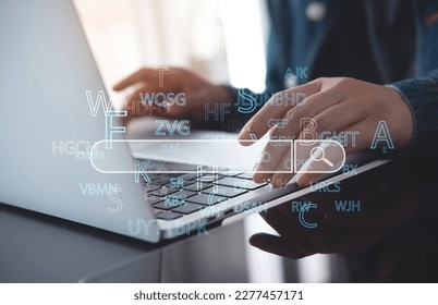 Search Engine Optimization SEO networking concept. Woman hands working, browsing the internet, typing with laptop computer Data information with search bar.