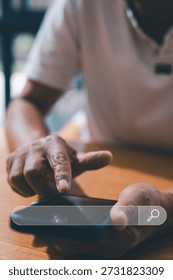 Search Engine Optimization SEO Networking Concept, Searching Browsing Internet Data Information with blank search bar. Senior man using smartphone searching information online.