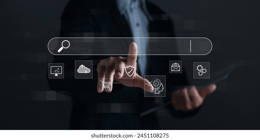Search Engine Optimization Technology.SEO and search with Ai assistant.Businessman Search On Virtual Screen use computer to Searching for information to analyze data and increase work efficiency.