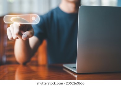 Search Engine technology. Virtual image. Man using computer laptop, Pointing searching internet network for job, information, Big data, browser website concept. Hand touching bar search box icon.