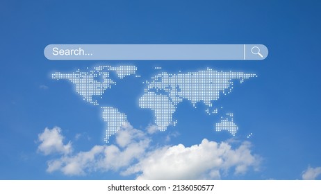 Search Icon And World Map With Sky Background Represents The Unlimited Search For Information And The World Of Communication Without Borders.