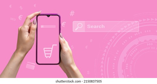 Search, Online Shopping Concept. A Smartphone In The Hands Of A Woman, A Search Bar, Graphic Elements Of A Shopping Cart, A Credit Card, Euro And Dollar Icons On A Pink Background