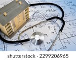 Search for sources of noise pollution - Noise reduction in buildings activity and construction industry - concept with condominium residential building model, acoustic formulas and stethoscope 