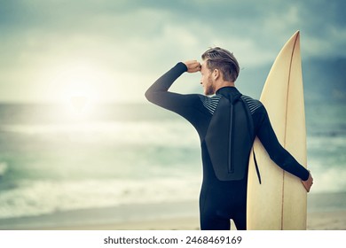 Search, surf and man at beach for water adventure or thinking in summer, holiday or travel on vacation. Surfer, person and sunset on waves in Australia, ocean and horizon on sea with peace and calm - Powered by Shutterstock