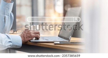Search technology, search engine optimization, businessperson using laptop to search information, using search bar function on your website