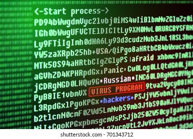 Search for a virus signature in the program code. Russian hackers. Computer virus concept.