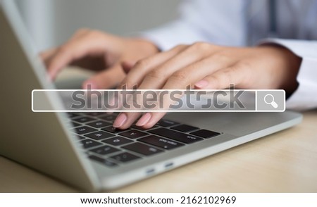 Searching browsing internet bar on Asian woman doctor holding tablet background, Concept of Searching Browsing Internet Data Information Networking for medical and healthcare