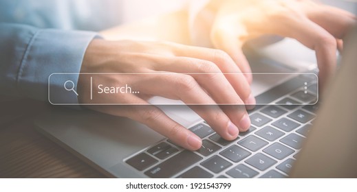 Searching Browsing Internet Data Information Networking Concept, Hand woman using laptop in office.