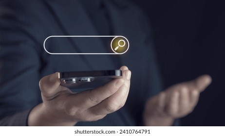 Searching Browsing Internet Data Information with blank search bar.SearchEngine Optimization SEO Networking Concept.handof businessman working