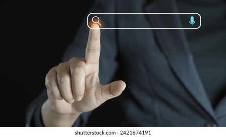 Searching Browsing Internet Data Information with blank search bar.SearchEngine Optimization SEO Networking Concept.handof businessman working