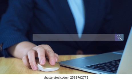Searching Browsing Internet Data Information with blank search bar.SearchEngine Optimization SEO Networking Concept.handof businessman working with computer laptop on desk in office.