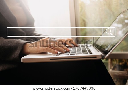 Searching Browsing Internet Data Information with blank search bar.businessman working with smart phone, tablet and laptop computer on desk in office. Networking Concept