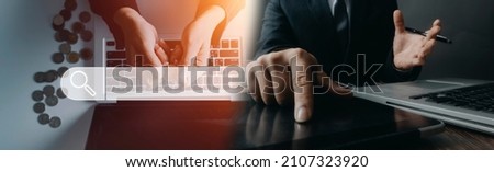 Searching Browsing Internet Data Information with blank search bar.Search Engine Optimization SEO Networking Concept.hand of businessman working with computer laptop on desk in office.