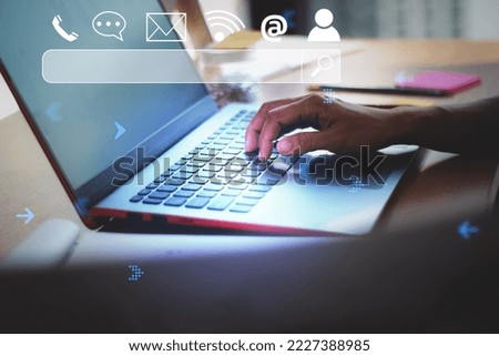 Searching Browsing Internet Data Information with blank search bar.SearchEngine Optimization SEO Networking Concept.handof businessman working with computer laptop on desk in office