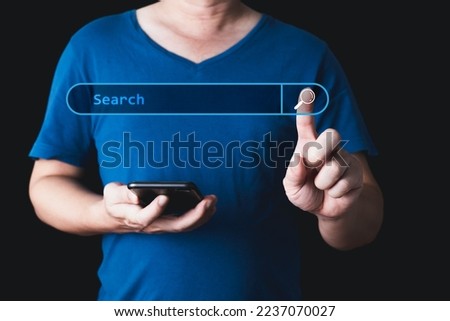 Searching Browsing Internet Data Information with blank search bar. hand of businessman working with smartphone . SearchEngine Optimization SEO Networking Concept.	