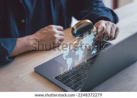 Searching Browsing Internet Data Information with blank search bar.SearchEngine Optimization SEO Networking Concept.handof businessman working with chart and graph icons on a digital screen interface 