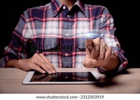 Searching Browsing Internet Data Information with blank search bar.SearchEngine Optimization SEO Networking Concept.handof businessman working with computer laptop on desk in office