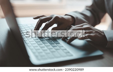 Searching Browsing Internet Data Information with blank search bar.SearchEngine Optimization SEO Networking Concept.handof businessman working with computer laptop on desk in office.
