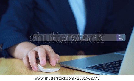 Searching Browsing Internet Data Information with blank search bar.SearchEngine Optimization SEO Networking Concept.handof businessman working with computer laptop on desk in office.
