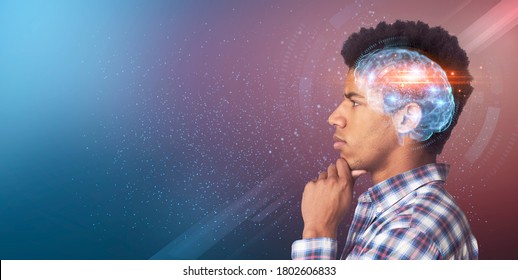 Searching For Idea. Serious Black Guy With Illuminated Brain Looking At Copy Space Over Open Space Background, Panorama