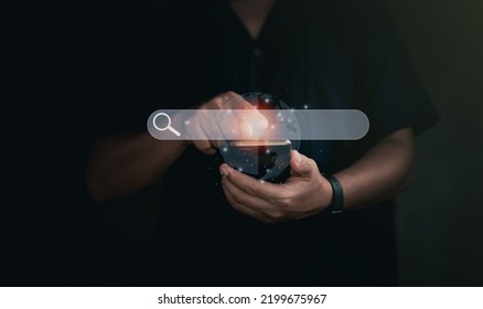 Searching information data on internet concept. Men use smartphones to search online society web with search box icon and copyspace. find what they are interested.