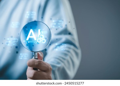 Searching for information in technology with AI systems concept, Businessman hand holding magnifying glass, chat and AI search engine for data by connect to global internet network.