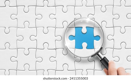 Searching Missing Piece. Search for missing last puzzle piece with magnifying glass. 