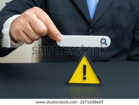 Searching for a solution to a problem on the Internet. Warning sign and search bar, online advice, digital assistance, troubleshooting, cyber risk, tech help, knowledge access