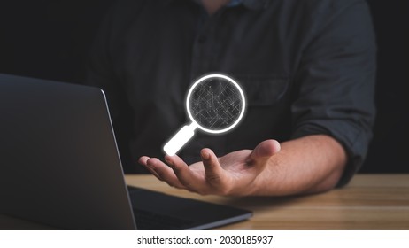Search.Searching Browsing Internet Data Information with the blank search bar.Man holding with a magnifying glass symbol.