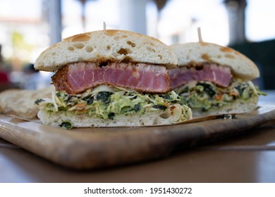 Seared Ahi Tuna Fish Sandwich With A Salad