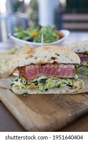 Seared Ahi Tuna Fish Sandwich With A Salad