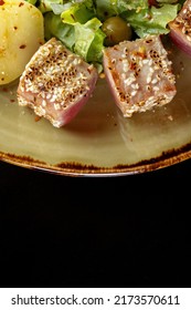 Seared Ahi Tuna With Sesame Seeds And Soy Sauce, Wasabi, Macro Shot.