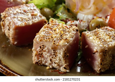 Seared Ahi Tuna With Sesame Seeds And Soy Sauce, Wasabi, Macro Shot.