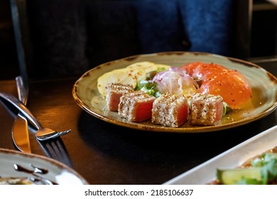 Seared Ahi Tuna With Sesame Seeds And Soy Sauce, Wasabi, Macro Shot Of Sesame On Tuna.