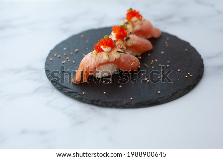 seared salmon sushi nigari in white background Stock photo © 