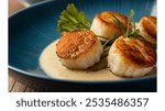 Seared Scallops: Delicate seared scallops with a golden-brown crust, served on a bed of creamy sauce